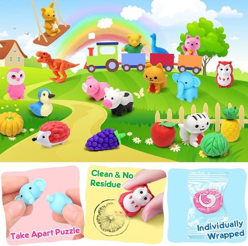 80PCS Mini Animal Erasers for Kids, Bulk Small Toys, 3D Cute Desk Pets, Classroom School Supplies, Party Favors