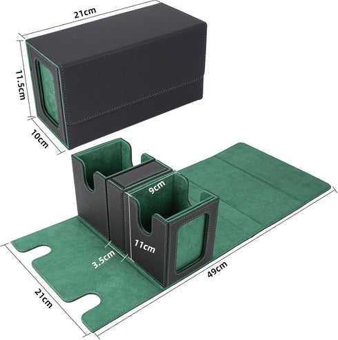AFIING MTG Commander Card Storage Box - Fits 200 Double Sleeved Cards, Black/Green with 4 Dividers & 2 Toploaders