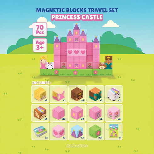 MonkeyTots Set 70PCS 3-5, 4-8, Magnetic Blocks Travel - Princess Castle Building Blocks, Travel Toys for Toddlers Ages