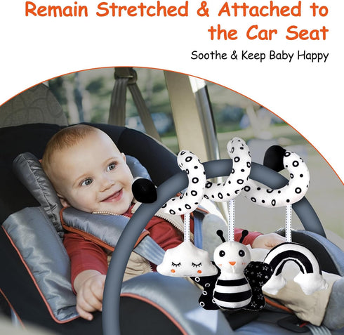 Car Seat Toys - Infant Baby Spiral Activity Hanging Toys for Stroller & Crib with BB Squeaker and Rattles (Bee)