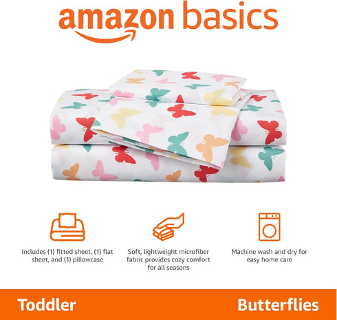 3-Piece Set, Amazon Basics Kid's Soft Easy-Wash Lightweight Microfiber Sheet Toddler, Multi Colour, Butterflies