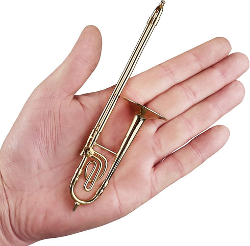Dselvgvu Copper Miniature Trombone with Stand and Case, Mini Musical Instrument for Dollhouse Decoration