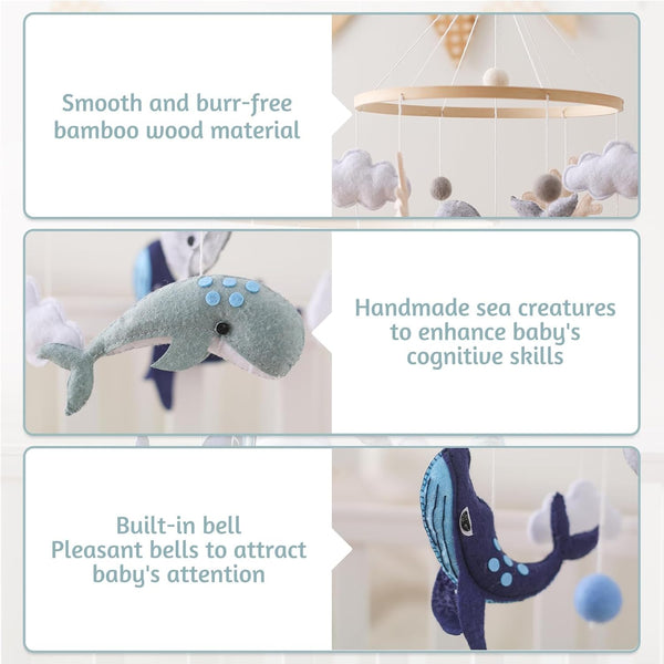 Montessori Baby Mobile for Crib - Ocean Animals Decor with Felt Ball Sea Blue Whale & White Clouds, Baby Shower Gift