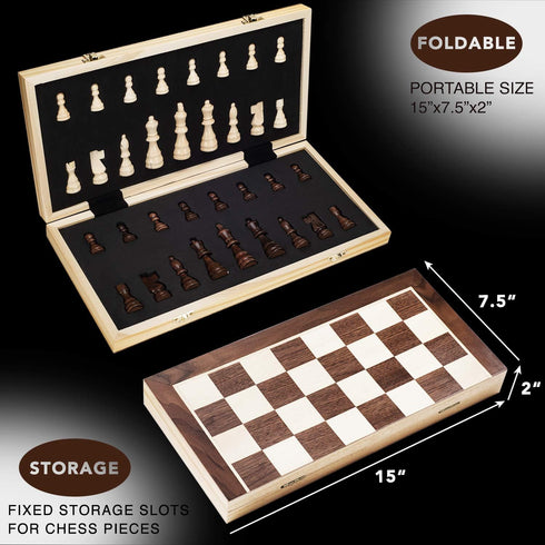 15 Inches Set 2 Set 6 AMEROUS Magnetic Wooden Chess - Extra Queens - Folding Board - Pieces Storage Slots, Handmade