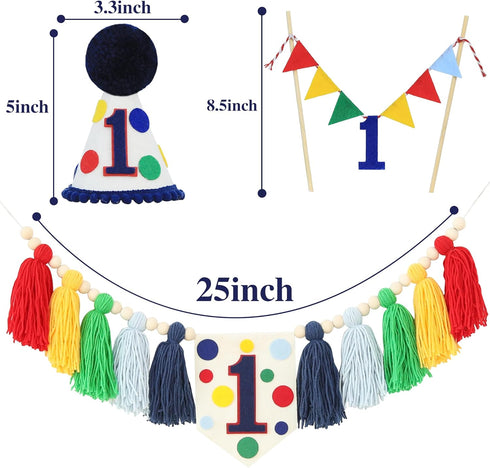 1st Colourful Rainbow Dot High Chair Banner Conical Cap Primary Colors Cake Topper for Boys Girls Birthday Party