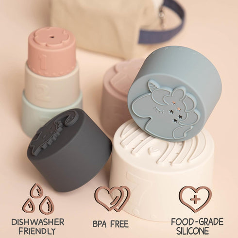 Moonkie Stacking Cups Toy, Fun Educational Silicone Soft Teething Toy, 7 Piece Set for Ages 6+ Months