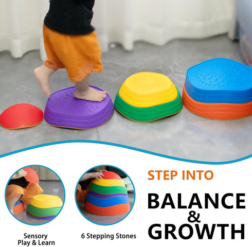 6 Pcs Stepping Stones for Kids - Toddler Sensory Balance Stones for Indoor & Outdoor Obstacle Course, Ages 3-8+