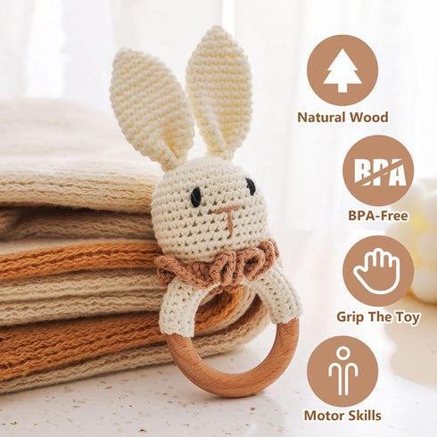 Wooden Baby Rattle,Crochet Bunny Rattle with Wood Ring, Newborn Wooden Animal Rattle Toy,Infant Bunny Wood Rattle Toys