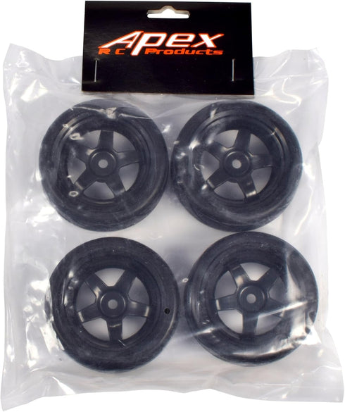 Apex RC Products 1/10 On-Road Black 5 Spoke Wheels with V Tread Rubber Tires (Set of 4) #5000