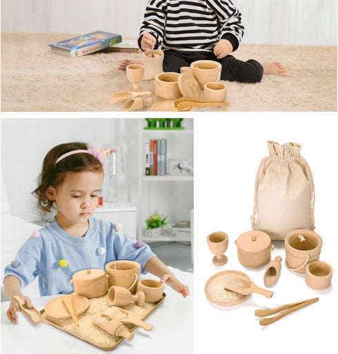 Set 9 Montessori Toys Sensory Bin Toys for Toddlers of Wooden Waldorf Toys Wooden Scoops and Tongs for Transfer Work