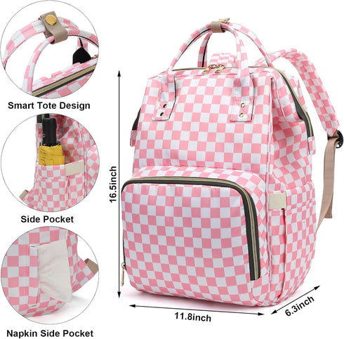 Dezcrab Backpack Backpacks Checkered Pink Baby Diaper Bag for Women, Large Capacity Waterproof Maternity Travel Nappy