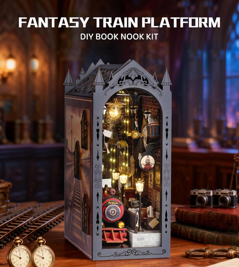 DIY Book Nook Kit,DIY Dollhouse Booknook Bookshelf Insert (Fantasy Train Platform)
