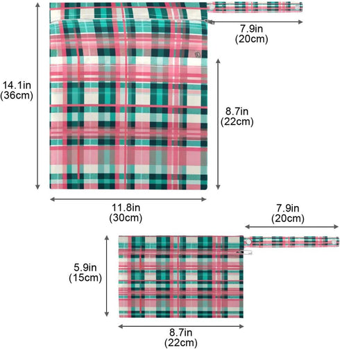 Haskirky 2 Turquoise Pink Tartan Pcs Cloth Diaper Wet Dry Bags,Waterproof and Washable Bag for Travel Reusable Wet Bag