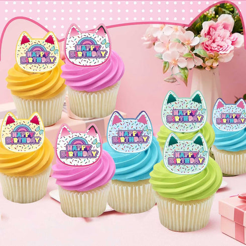 Terasilian 24Pcs Cat Theme Cupcake Toppers Cartoon Cat Dollhouse Party Decorations Cartoon Cupcake Toppers for Birthday