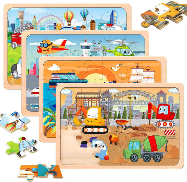 Puzzles for Kids Ages 4-6 - 4 Pack Wooden Jigsaw Puzzles, 24 Pieces Car Puzzle Set for Boys and Girls