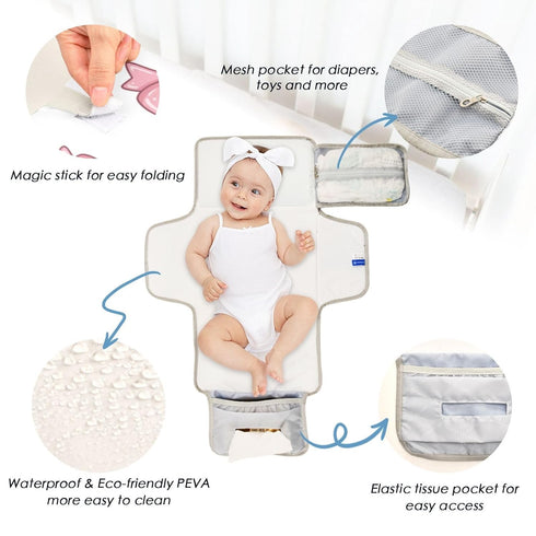 Jihqo Diaper Changing Pad Pink Bows Portable Diaper Mat with Built-in Pillow Travel Changing Station for Baby