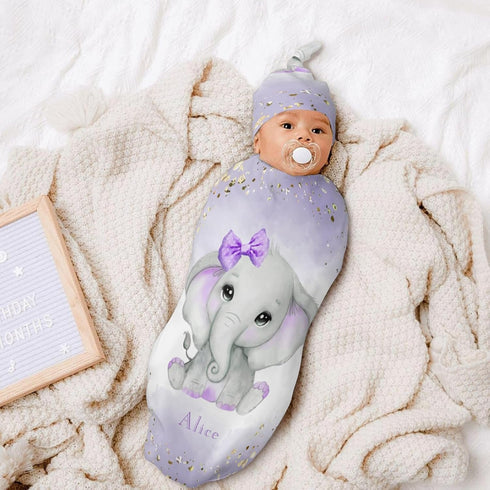 YallLocoMo Personalized Baby Swaddle Blanket for Boys Girls Watercolor Purple Cute Elephant Custom Name Receiving