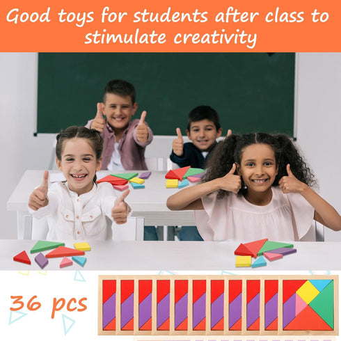 36 Pieces Wooden Tangrams Puzzles by Shappy for Students Party Favors, Geometric Pattern Blocks for Educational