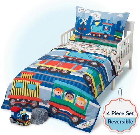 4 Set EVERYDAY KIDS Piece Toddler Bedding -Choo Choo Train- Includes Comforter, Flat Sheet, Fitted Sheet and Reversible