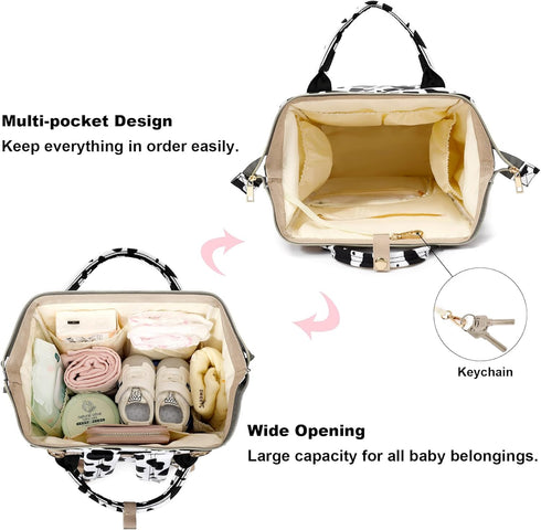 Xunteny Backpack Cow Print Baby Diaper Bag for Girls Boys, Waterproof Large Maternity Nappy Bags for Mom