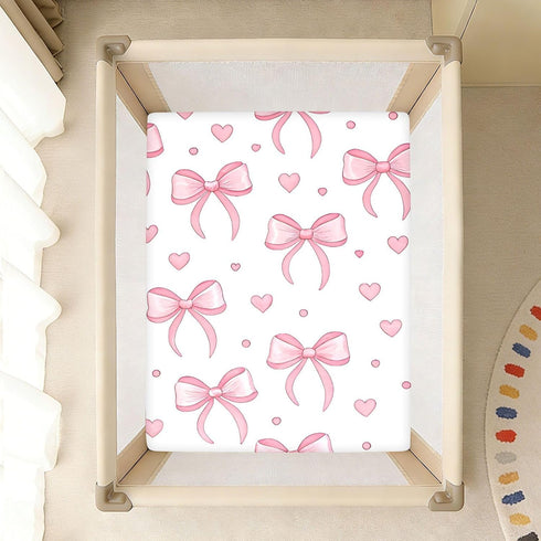 CZXW 52" 28" Pink Bows Hearts Crib Sheets Fitted x Natural Cotton Soft & Breathable for Baby Crib Mattress