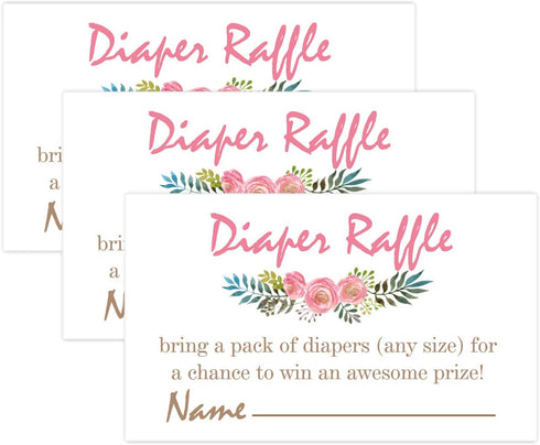 Pink Flowers Diaper Raffle Tickets - 50 Baby Shower Game Cards for Invitation Inserts
