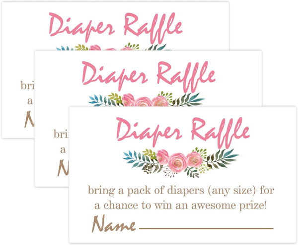 Pink Flowers Diaper Raffle Tickets - 50 Baby Shower Game Cards for Invitation Inserts