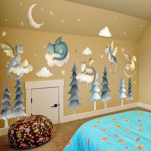 Dragon Wall Stickers,Peel and Stick Colorful Flying Dragon,White Clouds, Stars.Tree Self-Adhesive MuralRemovable Wall
