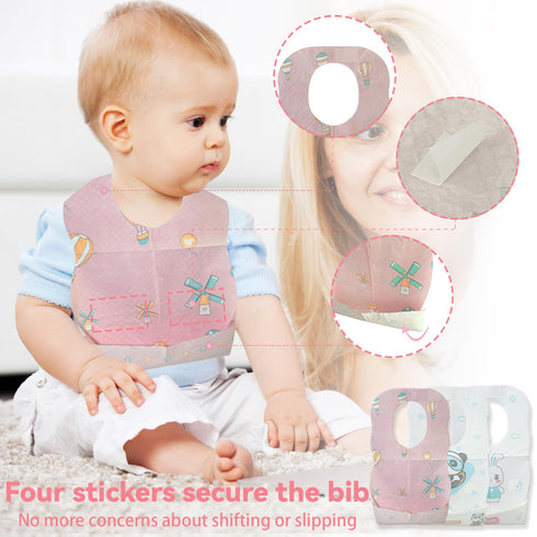 WOOWME 30 Packaged Pcs Disposable Bibs, Individually with Catcher and Leakproof Liner for Toddler Feeding, Baby Travel