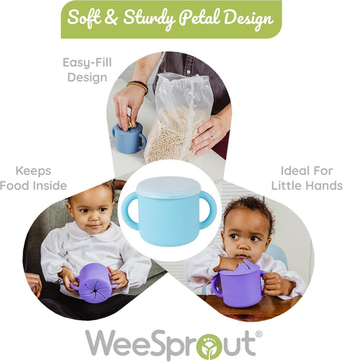 WeeSprout Snack Containers, Set of 2 Food Grade Silicone Cups with Spill-Proof Tops for Toddlers and Babies