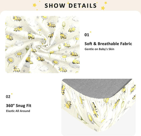 miaozhen 1 Pack 52x28 Cotton Baby Crib Sheets Soft Yellow and White Daisy Flower and Bee Toddler Mattress Sheet