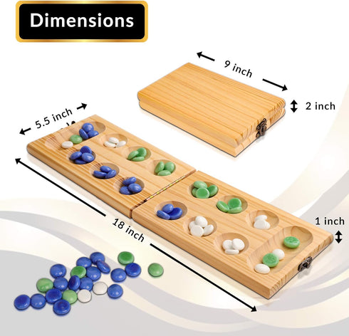 Point Games Solid Wood Deluxe Mancala - Folding Board Game with Metal Latch and Glass Marbles, Portable Strategy Game