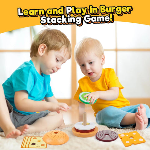 Wooden Burger Sorting Stacking Toys, Hamburger Toy for Toddlers, Educational Montessori Fine Motor Toys