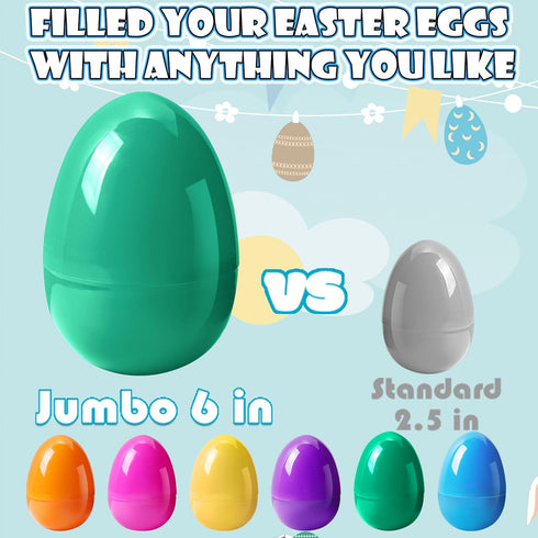 Viaecone 6 Pack 6 Inch 6 Jumbo Easter Eggs, Large Fillable Plastic Easter Eggs in Bright Colors, Big Empty Surprise