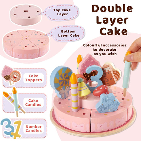 Set, Sets 3-5, 4 5 HERSITY Wooden Birthday Cake Play Wooden Food for Play Kitchen Toy Tea for Toddlers Kids Pretend