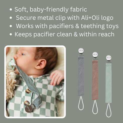 Ali+Oli Linen Strap Pacifier Clip Set of 3 (Forest) for Newborn Pacifiers & Teethers, 10" x 1" Binky Clips