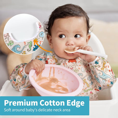 3 Pcs Long Sleeved Bib Set | Baby Waterproof Bibs with Pocket Bundle for Toddler, 6-24 Months