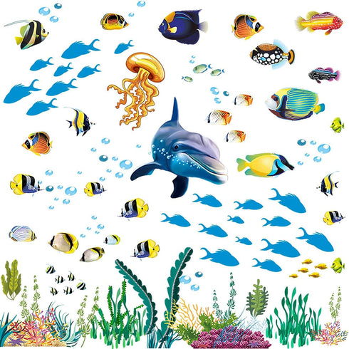 Creative 3D Ocean Fish Wall Sticker, Removable DIY Under The Sea Coral Grass Decal for Kids Nursery Decor