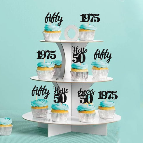 24 PCS Black 50th Birthday Cupcake Toppers, Glitter Hello 50 Cupcake Topper for 50th Birthday Party