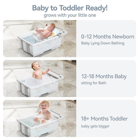 0 36 Collapsible Baby Bathtub - Large Capacity Baby Bath Tub with Thermometer & Soft Cushion | Portable Travel Newborn