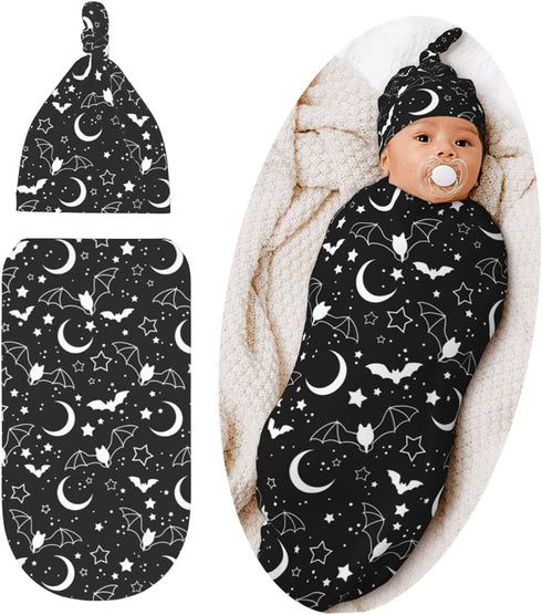 Halloween Baby Stuff Swaddle Blanket Hat Set, Soft Bat Moon Newborn Sleeping Sack Receiving Blanket Shower Gift