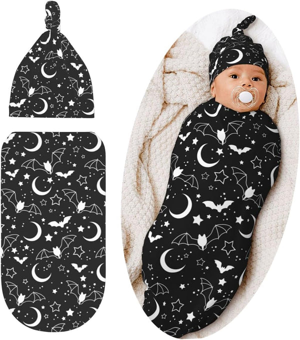 Halloween Baby Stuff Swaddle Blanket Hat Set, Soft Bat Moon Newborn Sleeping Sack Receiving Blanket Shower Gift