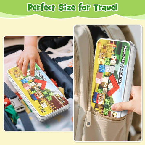 35PCS 4-8, Mini Magnetic Blocks Farm Animals Travel Toys, Portable STEM Magnetic Building Cubes with Metal Storage Box