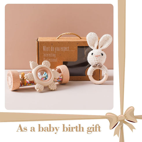 Set (3pcs) Set 3-6-12 Youuys Wooden Baby Rattle - Crochet Rattle Rain Stick Teething Toys, Wooden Montessori Toy