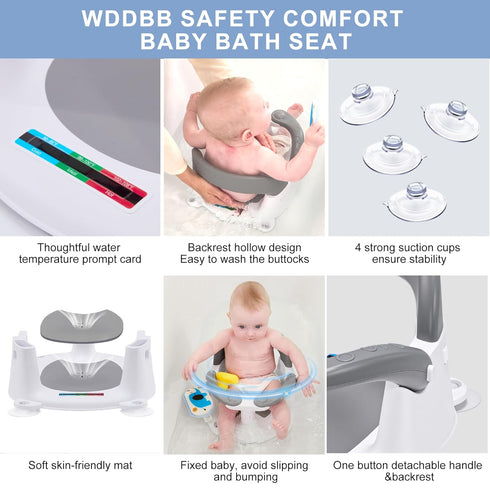 6 360 4 Baby Bath seat for Babies Months & up, Stable Toddler Bath Chair with one-Touch Button, Back Hollow Design