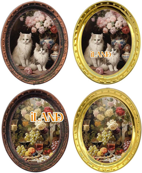 iLAND Miniature Dollhouse Accessories, 4 Picture Frames Set with Printed Paintings in Golden Color
