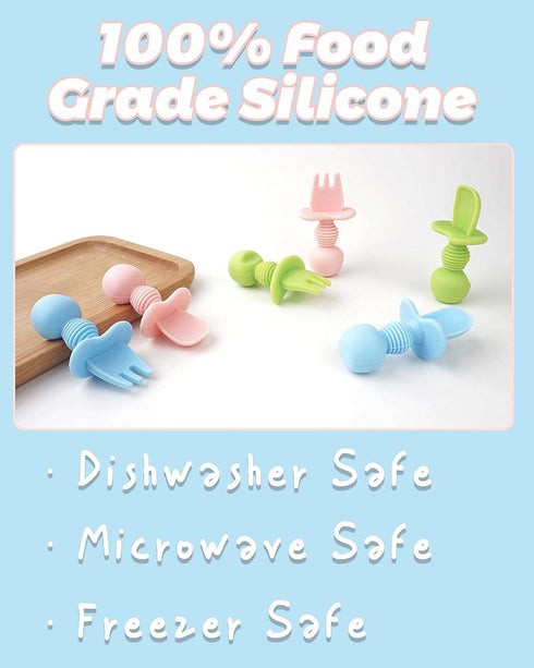 6 Pcs Silicone Baby Spoons and Forks Set - Toddler Utensils for Led Weaning, Chewable for Self-Feeding