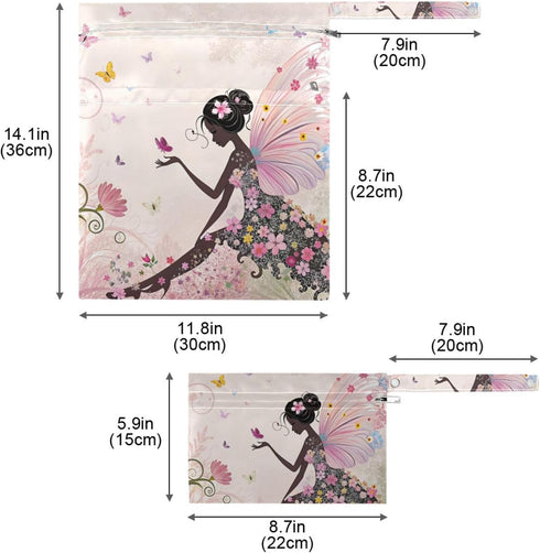 Gravopti Set 2, Flower Angel Butterfly Wet Dry Bags of Reusable Waterproof Organizer with Zipper Pockets for Baby