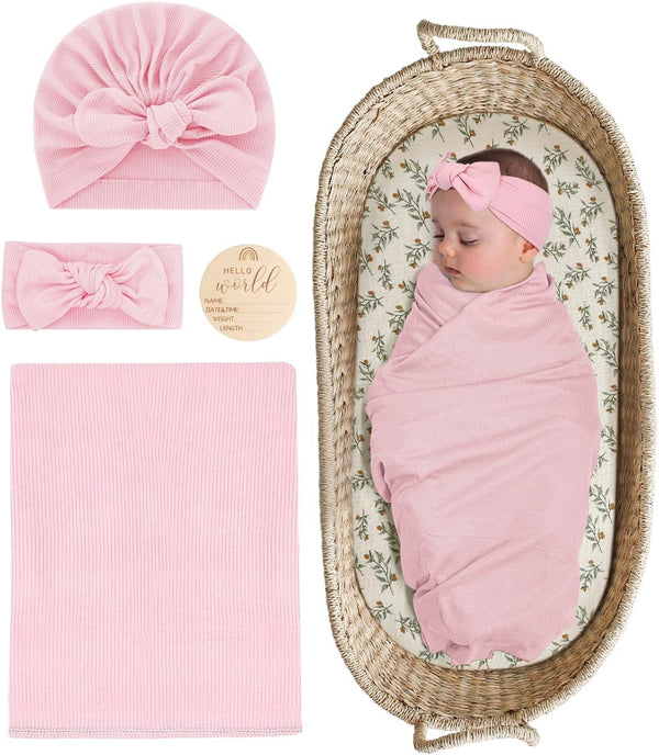Stretchy Baby Swaddle Blanket and Headband Set, Newborn Receiving Blankets with Matching