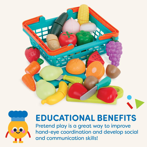 Battat Play Food for Toddlers, Farmers Market Basket and Chopping Board, Toy Food for Kids (37 Pcs)